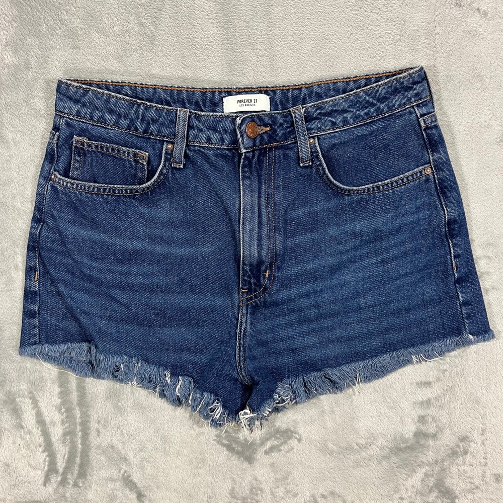 FOREVER 21 Denim Shorts Women 29 Dark‎ Blue High Rise Raw Hem Cutoff